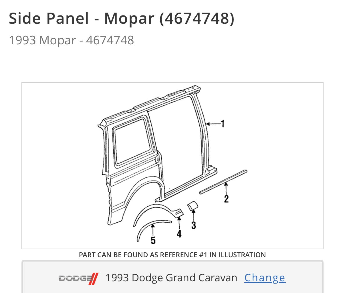 4674748- NOS 1993 Dodge Caravan R. QTR Panel in primer . OEM Mopar