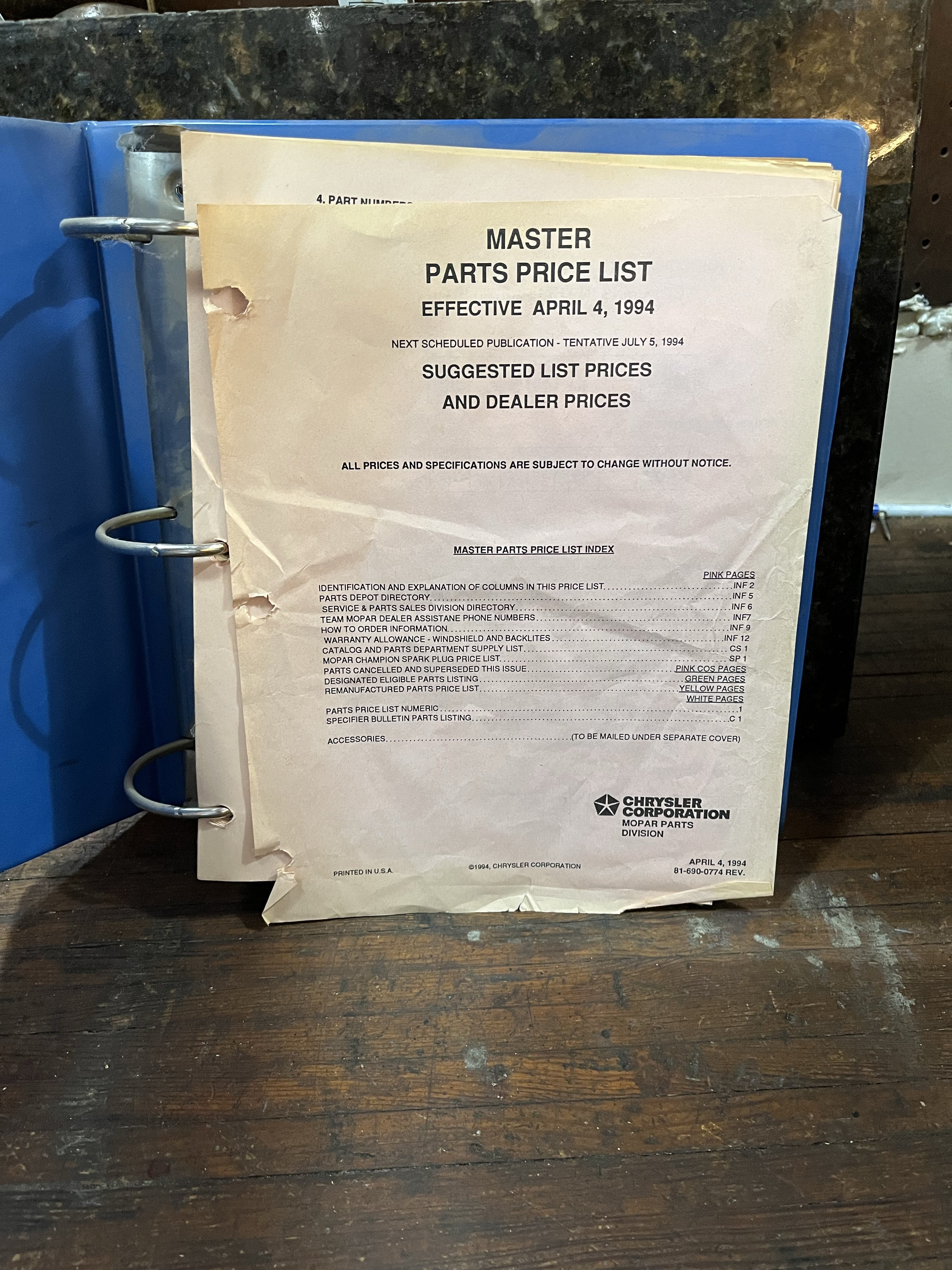 Chrysler Master Parts Price List (blue binder) 1994 trucks