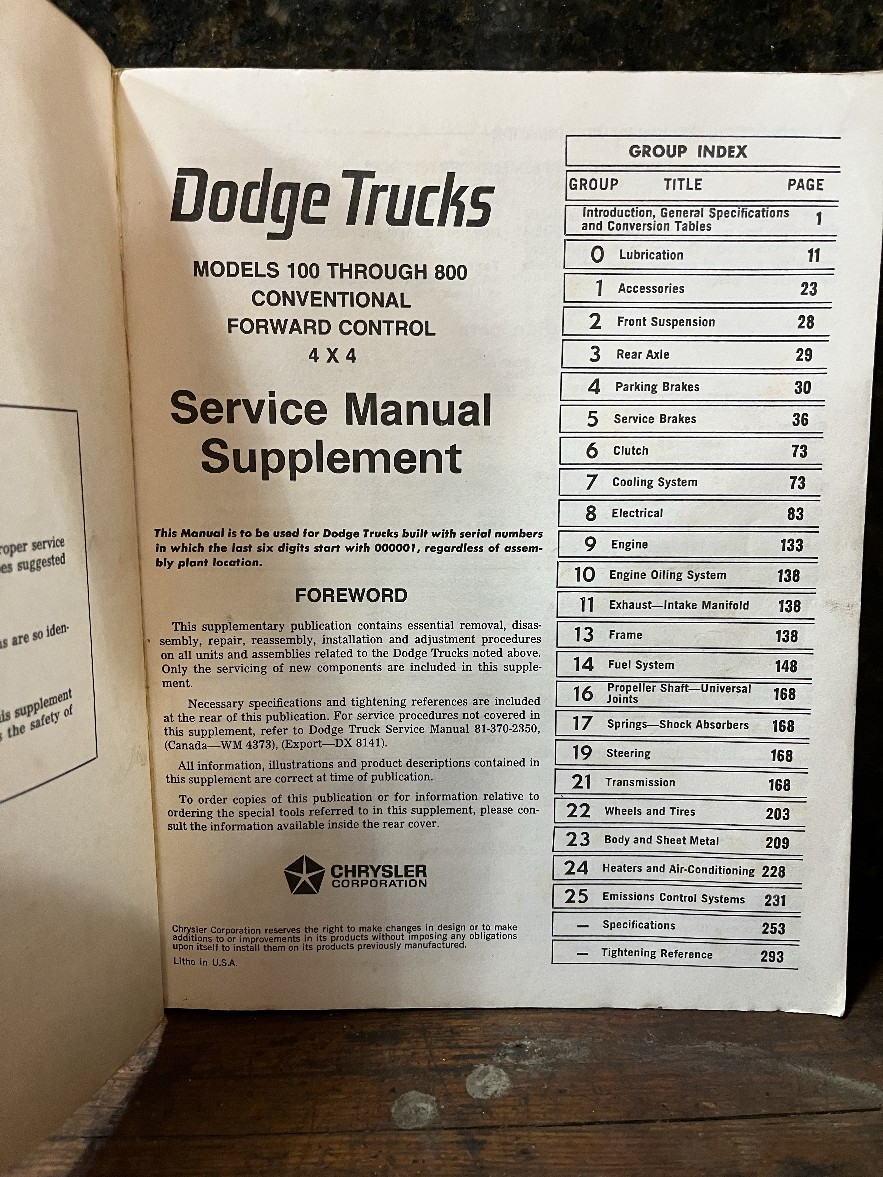 Dodge Trucks Service Manual Conventional Forward Control 4x4 Models 100-800